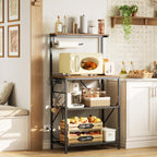 Huuger 4-Tier Bakers Rack with Reversible Power Outlet, 23.6 Inch Microwave Stand, Kitchen Coffee Bar, with Top Shelf, 6 S Hooks, Rustic Brown