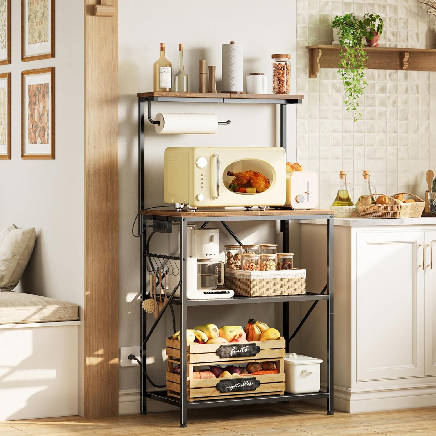 Huuger 4-Tier Bakers Rack with Reversible Power Outlet, 23.6 Inch Microwave Stand, Kitchen Coffee Bar, with Top Shelf, 6 S Hooks, Rustic Brown