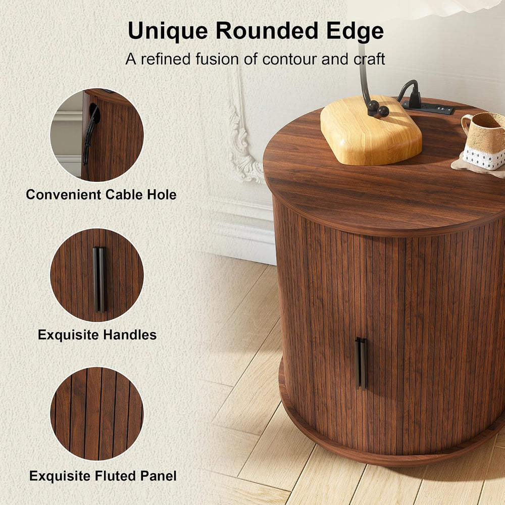Walnut Nightstand Set of 2 with Charging Station, Mid-Century Round | Each ta...