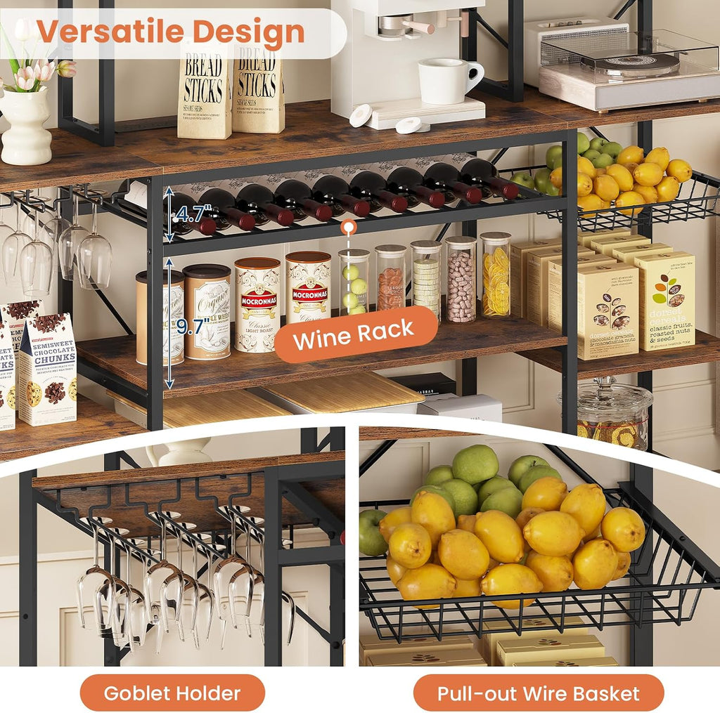 UPOSOJA 62.4in Large Bakers Rack with Power Outlet, Wide Kitchen Microwave Stand with Storage Shelves, 5-Tier Coffee Bar, Wine Rack, Goblet Holder, 8 Hooks, Wire Basket(Rustic Brown, Large)