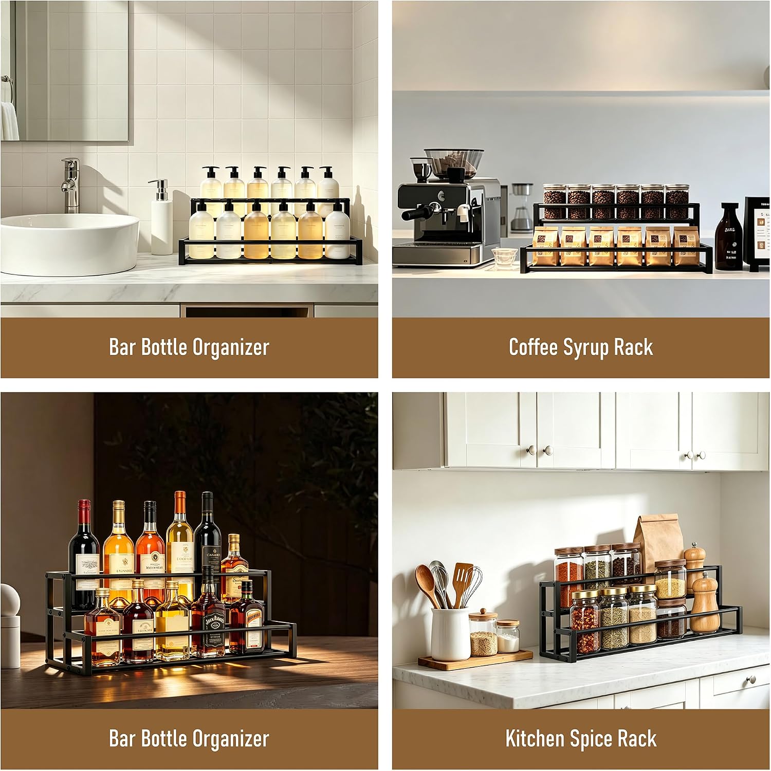 Expandable Metal Coffee Syrup Organizer Stand | Heavy Duty Metal, Holds 6-12 Bottles, Adjustable Width, for Coffee Bar, Countertop Storage, Home Kitchen Organizer