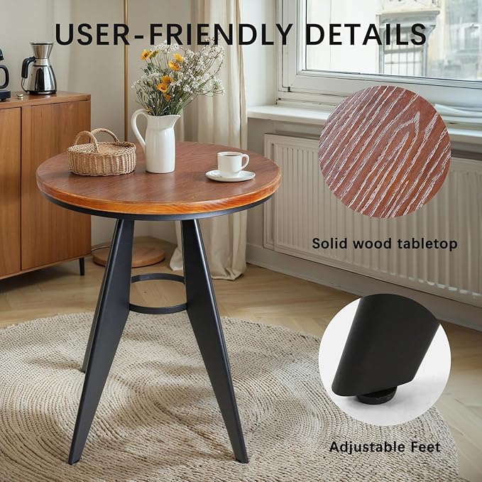 Round Cafe Table - 23.62" Pine Wood Top, Metal Frame, 28.15" High, Modern Industrial Dining Table for Kitchen, Home Office, Bistro, Compact for Space Saving, Black Base Brown Top