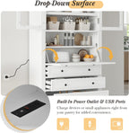 Merax Kitchen Pantry Cabinet, 78” White Wooden Pantries Storage Cabinet with Glass Doors and 2 Adjustable Shelves, Power Outlet Cupboard with Drop-Down Surface and 3 Drawers for Living Dining Room