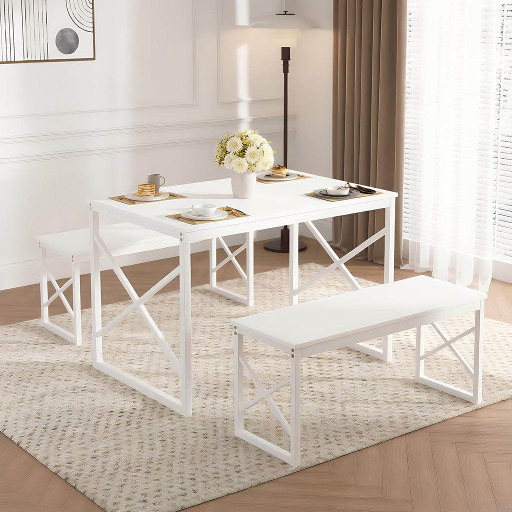 VECELO 43.3" Kitchen Dining Table Set for 4, Heavy-Duty Steel Frame & Wood-Grain Tabletop, Space-Saving Dinette Sets with 2 Benches for Breakfast Nook and Small Space, White