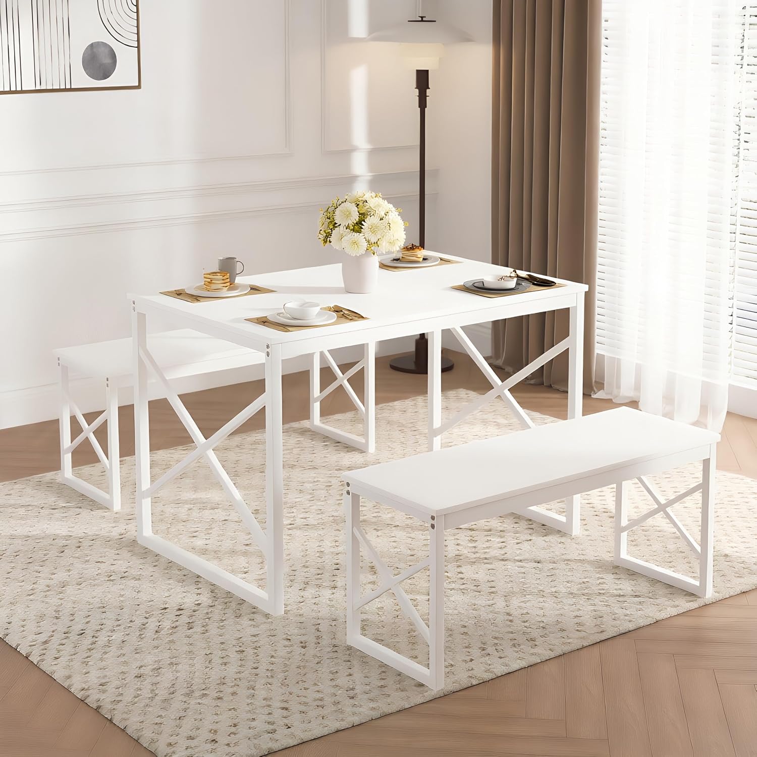 VECELO 43.3" Kitchen Dining Table Set for 4, Heavy-Duty Steel Frame & Wood-Grain Tabletop, Space-Saving Dinette Sets with 2 Benches for Breakfast Nook and Small Space, White
