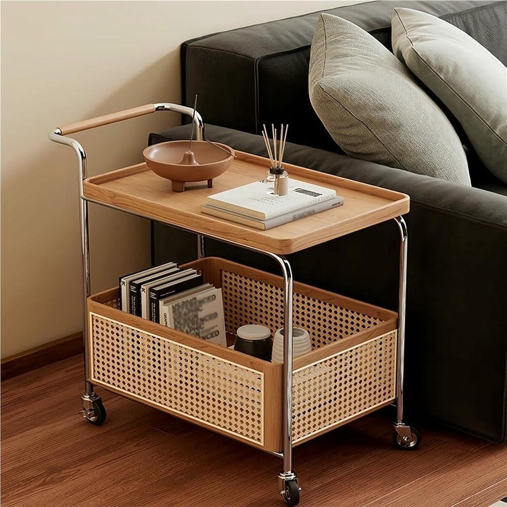 Rattan Side Table with Wheels Rolling 2-Layer Coffee Table Storage End Table ...