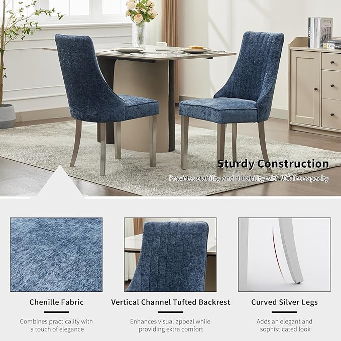 Navy Mid Century Dining Chairs Set of 4, Modern Kitchen & Dining Room Chairs Set of 4, Chenille Fabric Upholstered Kitchen Chairs, Sillas de Comedor, Silver Legs (Blue, 4 Pcs)