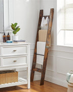 Blanket Ladder for Living Room, Decorative Quilt Rack with 4 Removable Hooks, 5-Tier Farmhouse Ladder Holder Shelf Organizer for Bedroom, Rustic Brown and Black 02101BBR