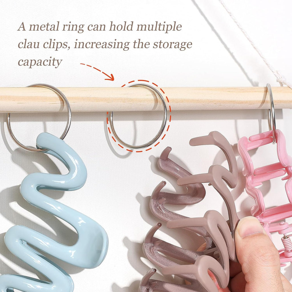 SNOWSTAR Macrame Hair Claw Clip Organizer with 30 Metal Rings,Hanging Hair Clip Holder and Storage for Women Girls,Claw Clips Hanger Home Decor for Wall,Door,Closet
