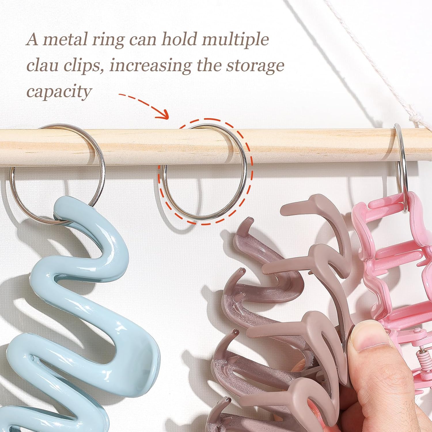 SNOWSTAR Macrame Hair Claw Clip Organizer with 30 Metal Rings,Hanging Hair Clip Holder and Storage for Women Girls,Claw Clips Hanger Home Decor for Wall,Door,Closet