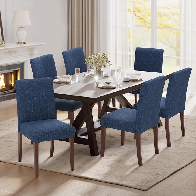 Upholstered Dining Chairs Set of 6, Modern Fabric Dining Room Chair, Wooden Dining Chair, Kitchen Side Chairs, Farmhouse Dinner Chair with High Back for Kitchen, Blue