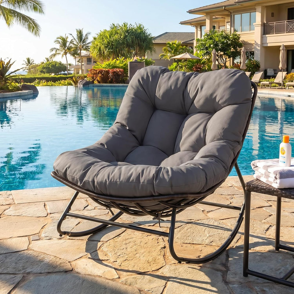 Tangkula Outdoor Papasan Rocking Chair, Oversized Egg-Shaped Rocker with Thic...