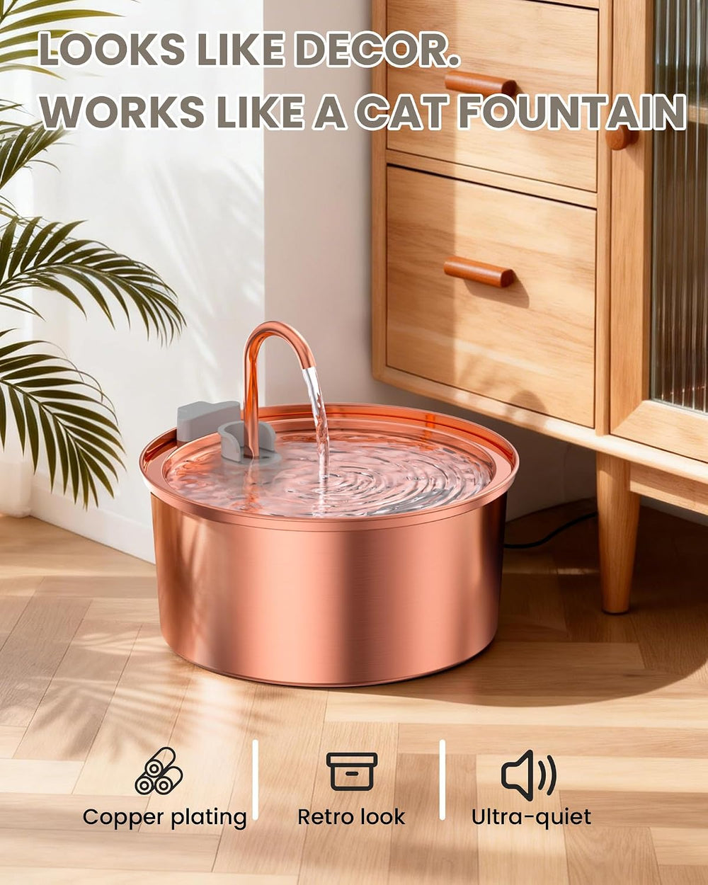 Tomxcute Stainless Steel Cat Water Fountain with Copper-Plated 108oz/3.2L