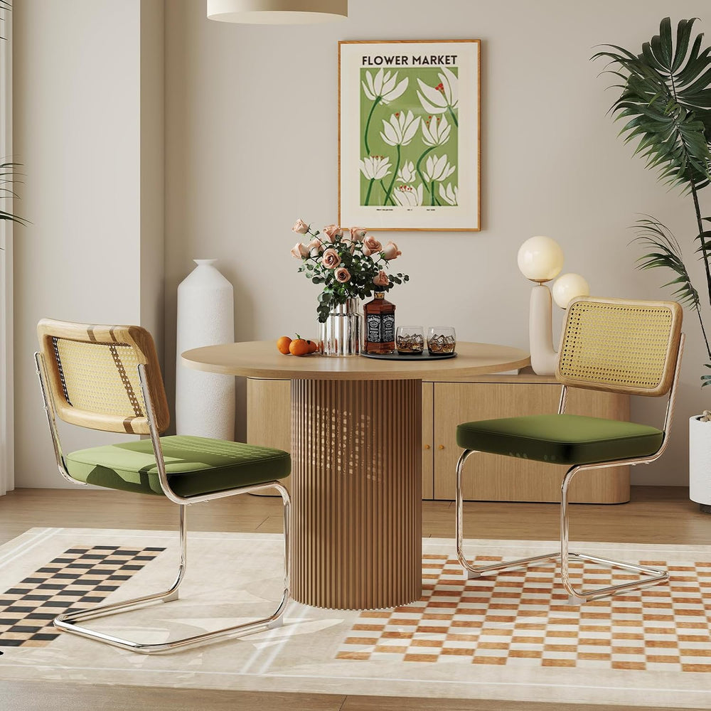 Rattan Back Velvet Dining Chair Set of 6 Modern Stainless Chrome Base Armless...