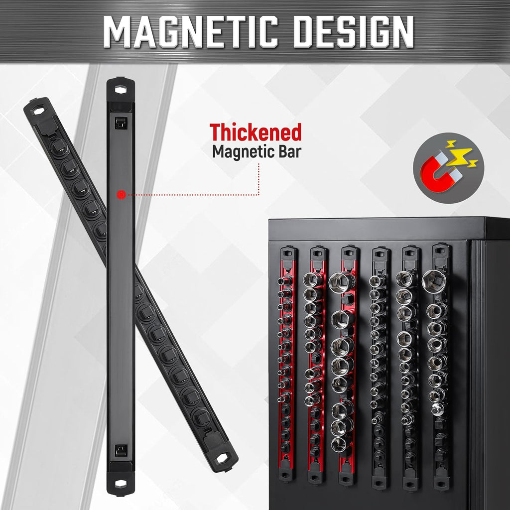 ALOANES 6-Piece Magnetic Socket Organizer, Heavy Duty Aluminum Rails With 360 Swivel Clips Holder Kit for Tool Box, 1/2, 3/8, 1/4-Inch x 80 Clips (Red&Black)