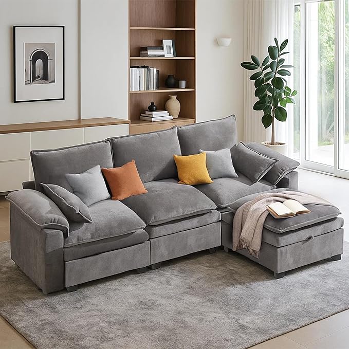 100" L Shaped Modular Sectional Sofa, Couch with Ottoman Storage, Chenille Cloud Couch with Plush Deep Seating for Living Room, Bedroom (Light Grey, 4 Seat)