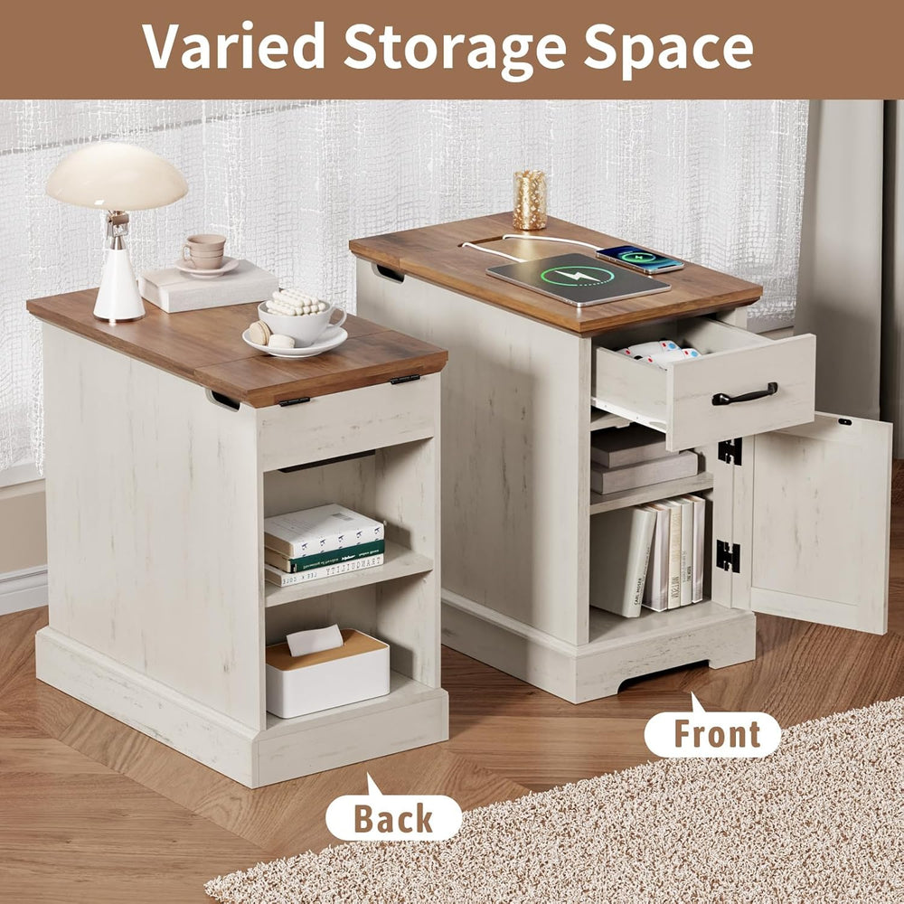 HOMMPA 23.6'' Farmhouse Narrow End Table w/Charging Station Rustic White