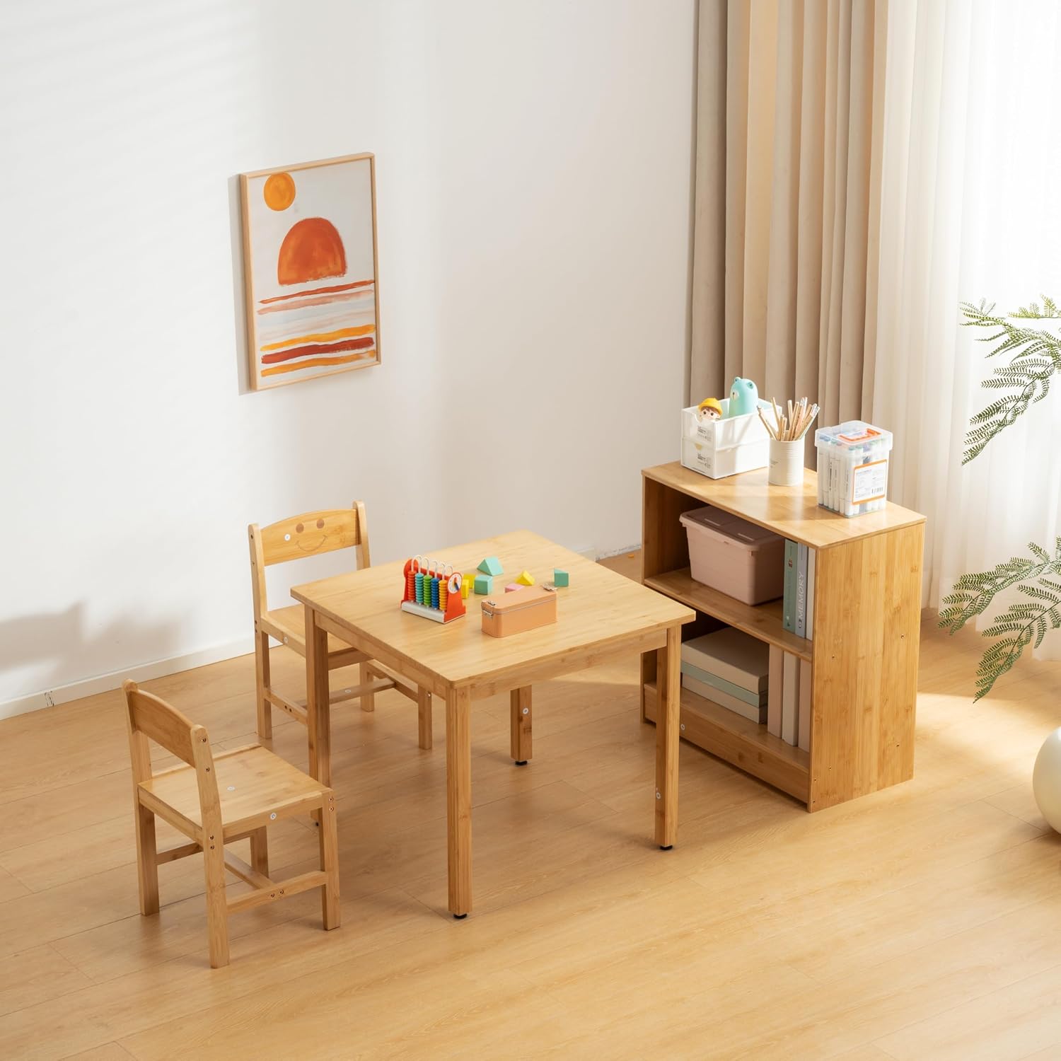 UNICOO Kids Table and 2 Chairs Set with Bookshelf, Bamboo Toddler Desk and Chair Set, Wooden Kids Activity Table and Study Desk for Reading, Writing, Drawing, Playroom, Classroom, Natural