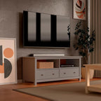 Handcrafted Solid Oak TV Stand Entertainment Center - Elegant Gray Media Console with Spacious Storage Drawers & Open Shelves - Sturdy Wood Cabinet Fits TVs up to 55 Inches