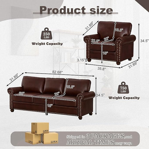 2 Piece Faux Leather Sofa Set,Modern Chair and Couch Sets with Storage,Mid Century Couch with Rivet Rolled Arm,Comfy Deep Seat Sofa,Furniture for Living Room,Office(Armchair+3 Seater,Burgundy)