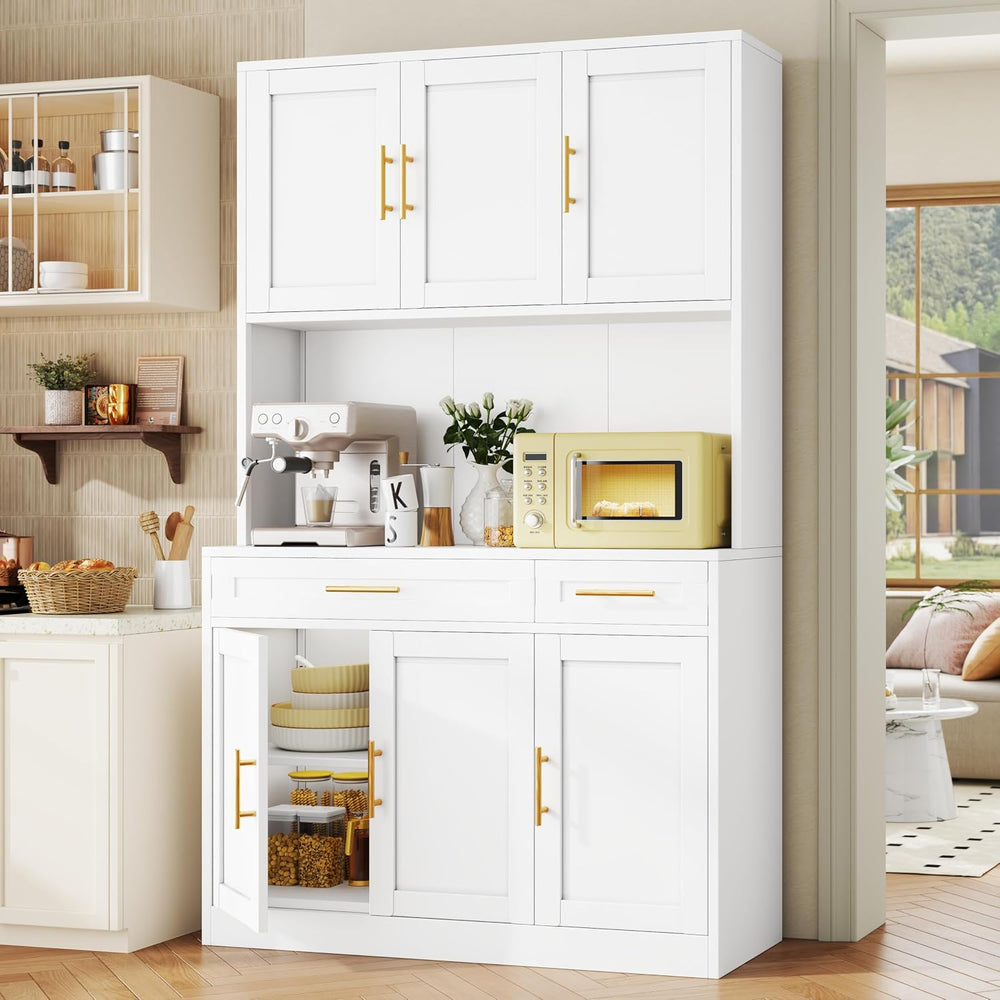 71" Metal Kitchen Pantry Cabinet with Countertop, 2 Drawers, 6 Doors, Wh...