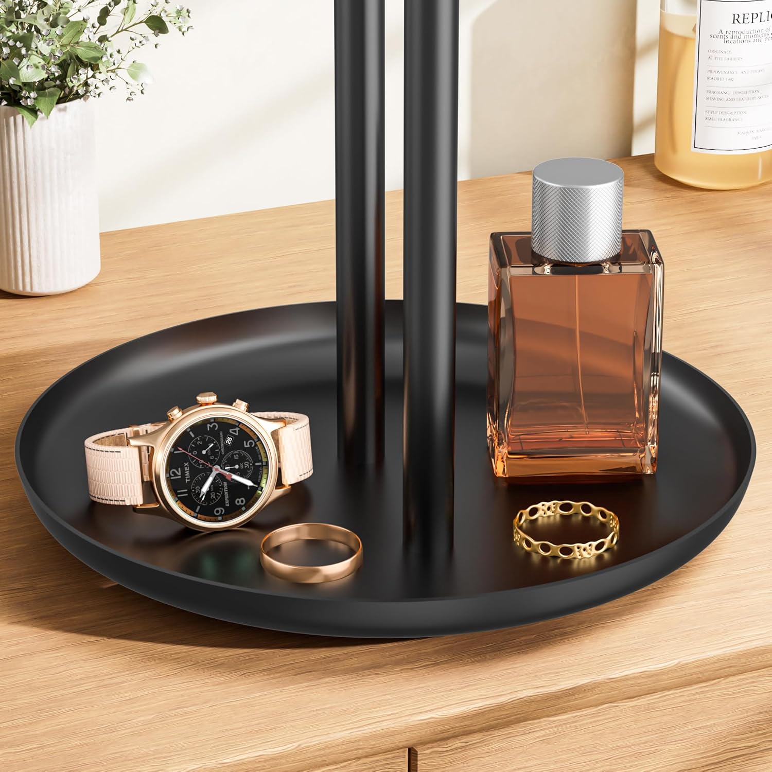 Necklace Rack Stand with Storage Tray - 2 Rods T-Shaped Jewelry Holder Stand for Bracelets, Earrings, Rings | Elegant Vanity & Dresser Top Storage for Women, Black.