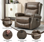Genuine Leather Recliner Chair for Adults, Manual Swivel Rocker Glider Rocking Chair with Vibration Massage Lumbar Heat for Nursery, Rivet Design Single Sofa Chair for Living Room - Gray Brown