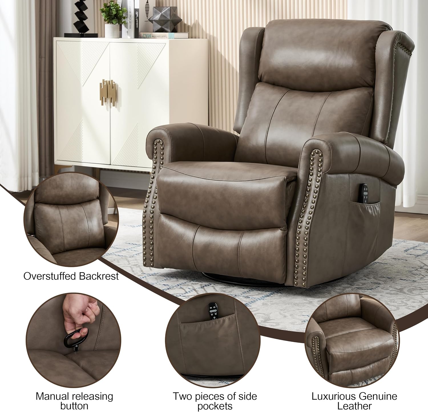 Genuine Leather Recliner Chair for Adults, Manual Swivel Rocker Glider Rocking Chair with Vibration Massage Lumbar Heat for Nursery, Rivet Design Single Sofa Chair for Living Room - Gray Brown
