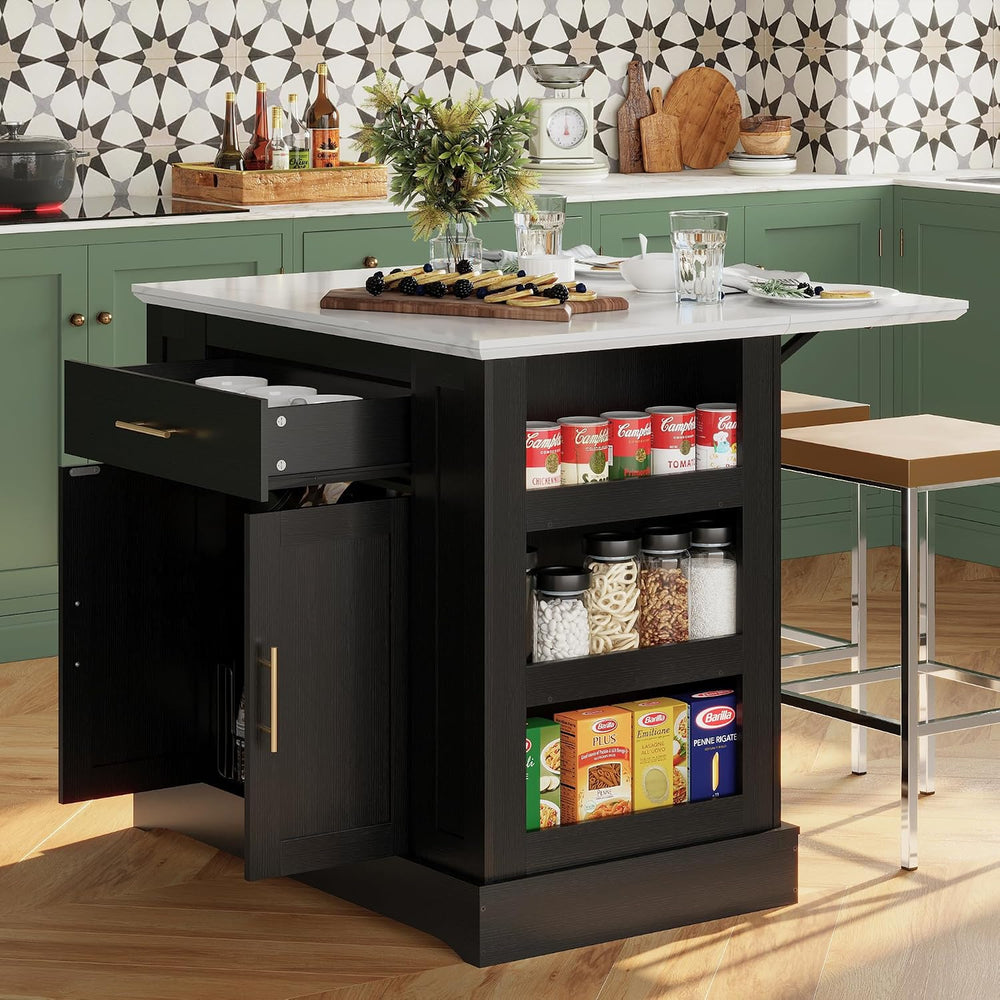 FUSUNBAO Large Kitchen Island with Storage, Drop Leaf & Outlet,Black | Po...