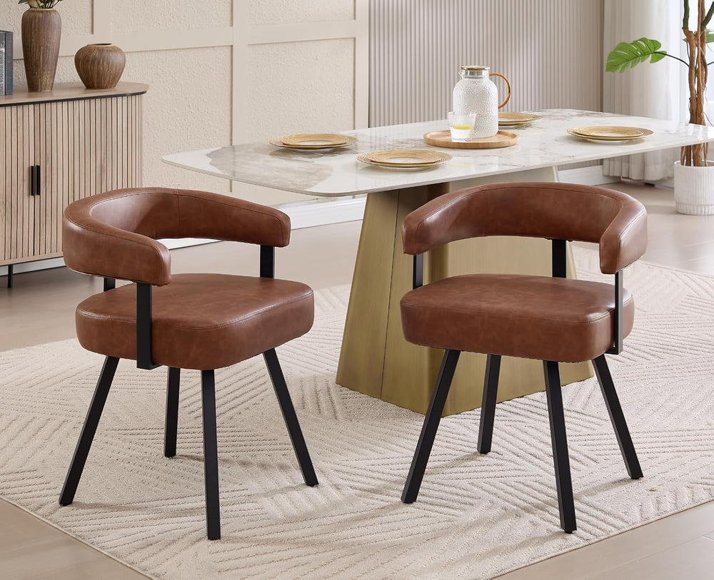 Shunzhi Brown Upholstered Leather Dining Chairs Set of 4 Modern Barrel Dining...