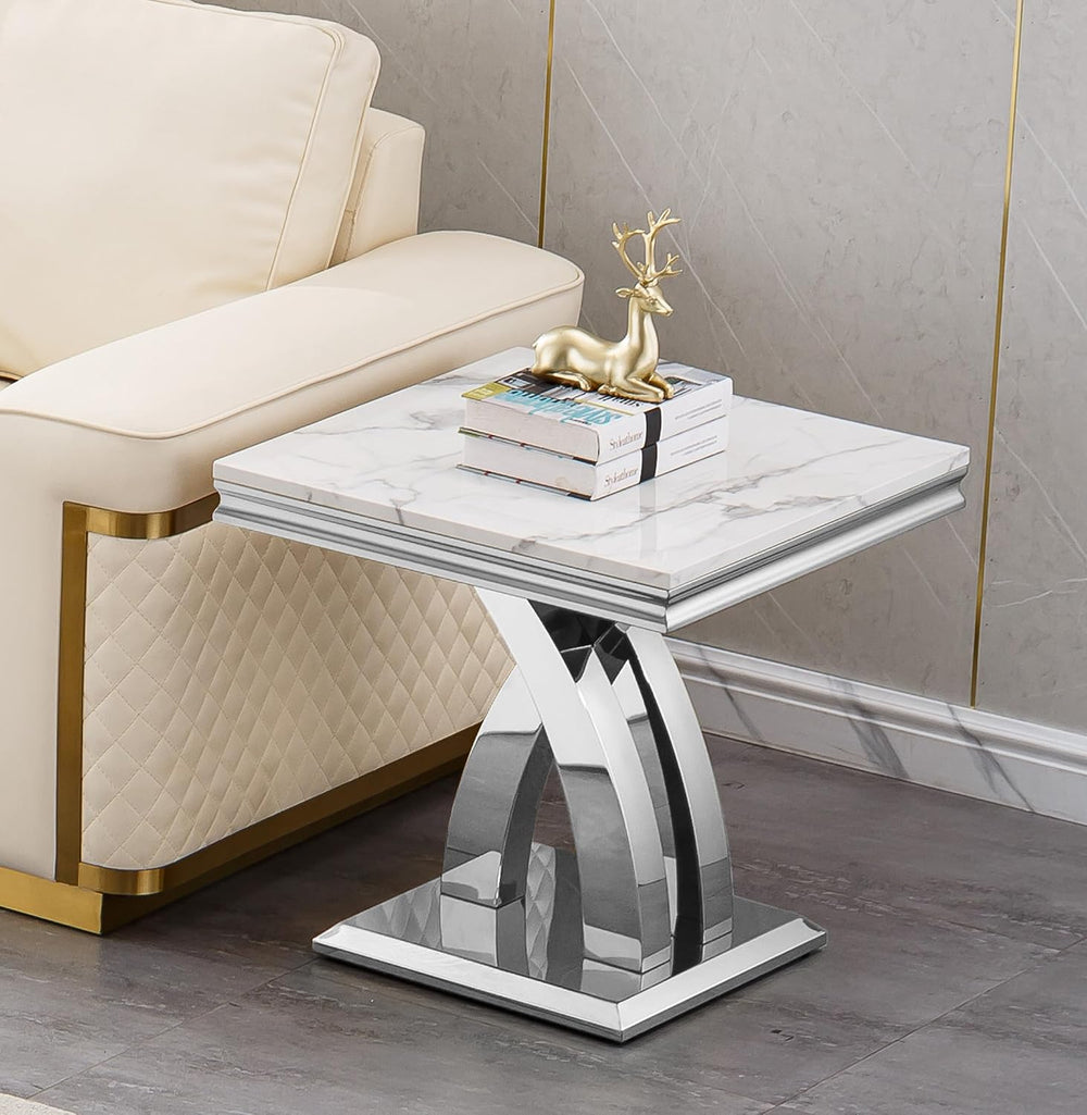 1 Piece Living Room End Table Luxury Faux Marble Sofa Side Table, Modern Whit...