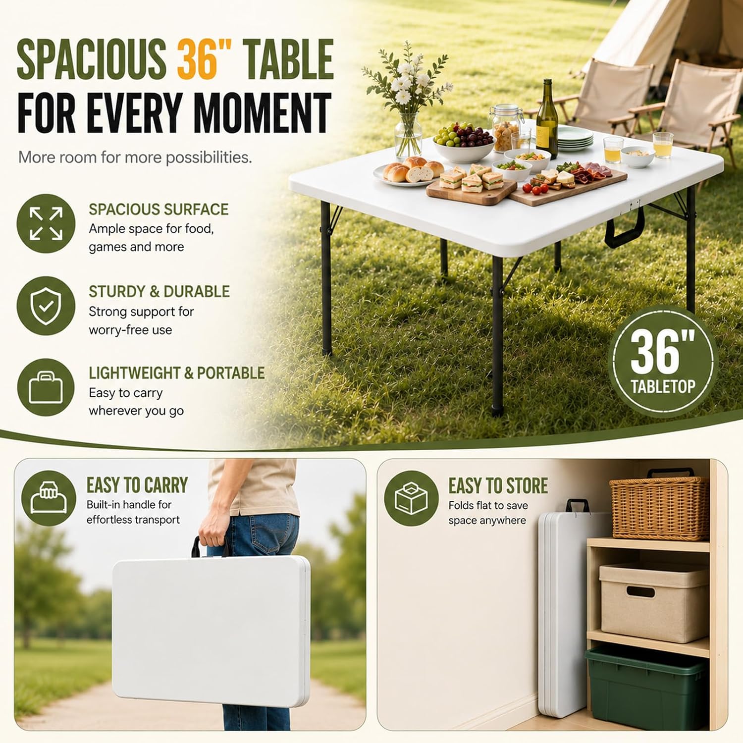 36" Folding Square Table, Portable Card Table with Built-in Handle, Compact Foldable Camping Picnic Table No Assembly, Easy Carry for BBQ, Party, Indoor Outdoor Use