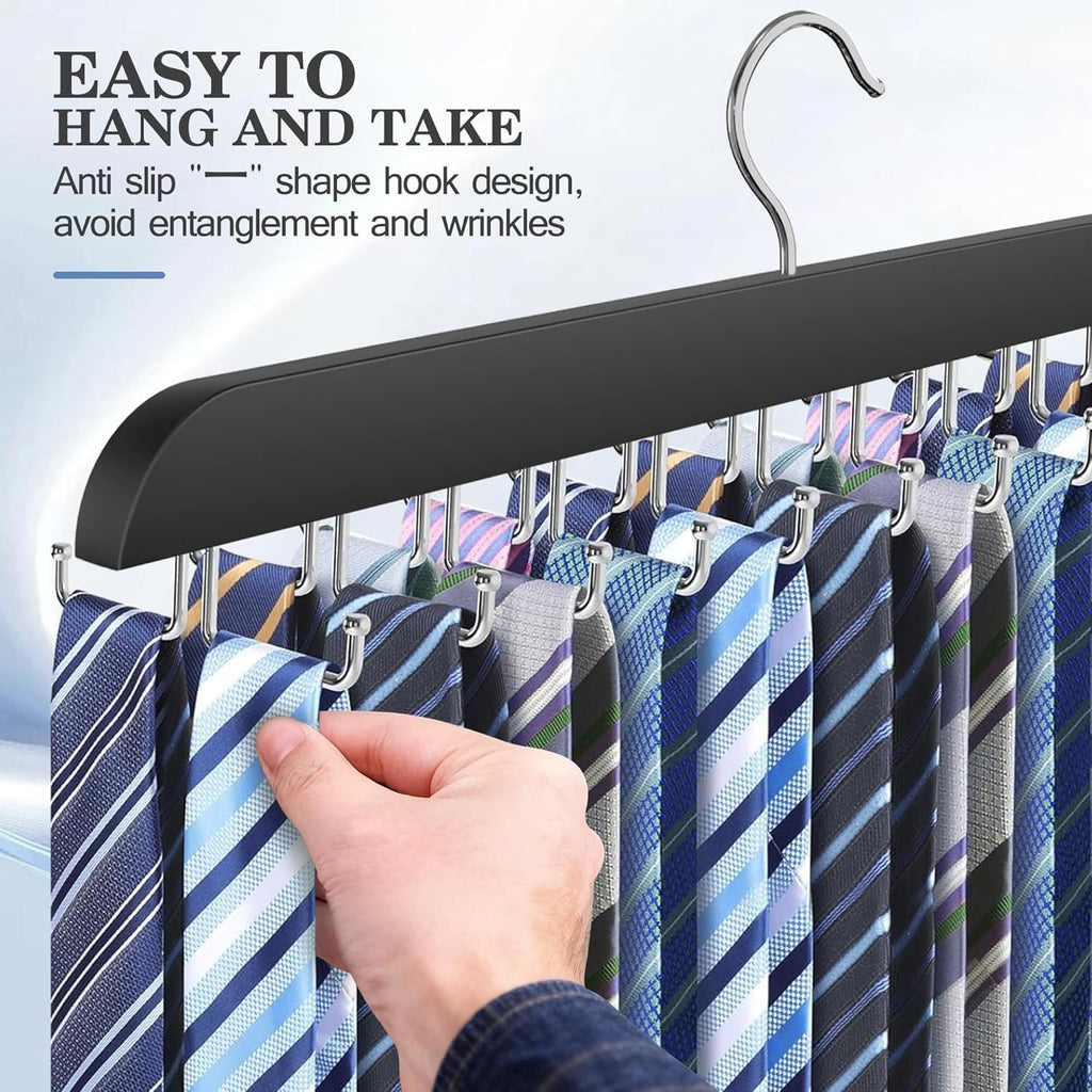 Tie Rack Hanger for Closet 20 Foldable Hooks, 1 Pack Wooden Non Slip Large Capacity Space Saving Tie and Belt Organizer with 360° Rotating Hooks for Tank Tops Bras Scarves Hat