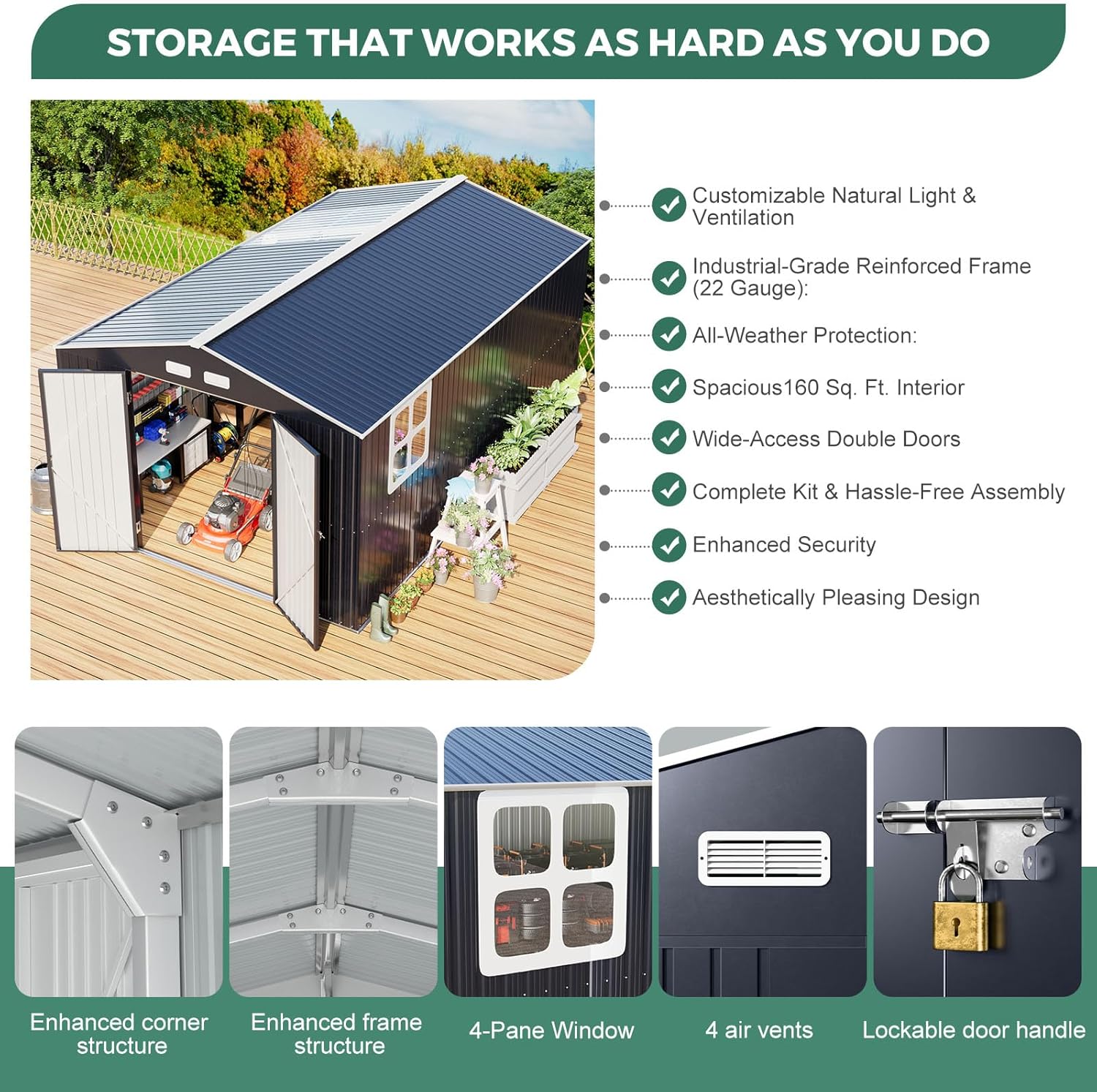 Metal Shed 10x16 FT Big with Heavy-Duty Reinforced Steel Frame and Customizable Skylight, Lockable Doors, 4-Pane Windows,Large Outdoor Storage for Garden, Tools, and Utility