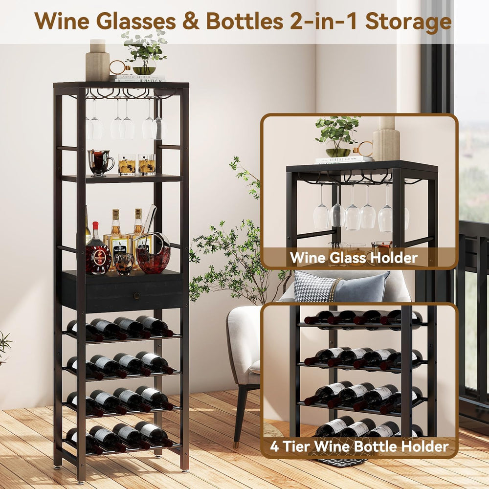 IBUYKE Wine Rack Freestanding Floor with Glass Holder,Black TMJ905B | Bar Cab...