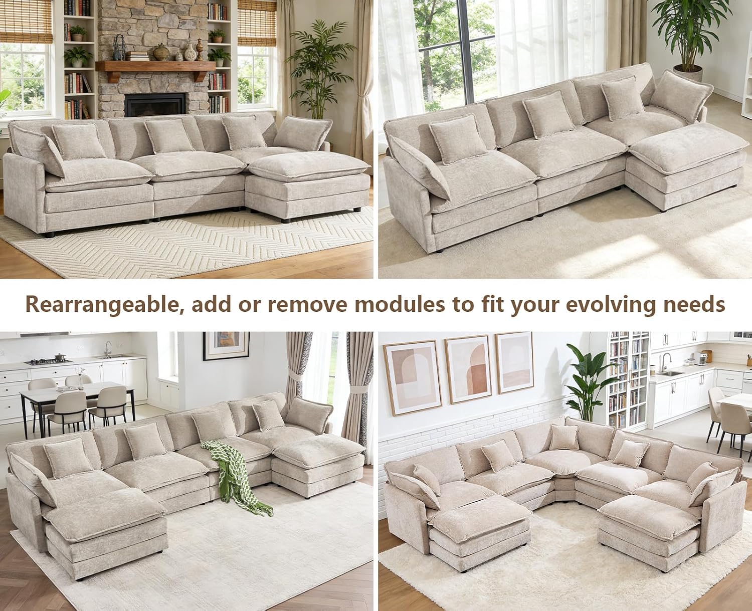 Oversized Modular Sectional Sofa, 7 Seater Deep Seat Cloud Couch Sofa | Chenille|Corner Couch|7 Pillows|2 Ottomans|Double-layer Cushion|For Spacious Living Room, Big Families| Light Camel
