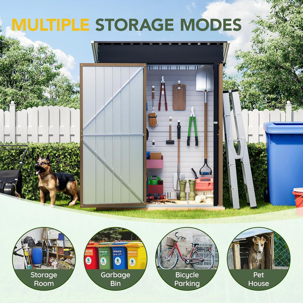 Breezz 5x3FT Vertical Outdoor Steel Storage Shed with Floor Frame, Lockable Doors, Compact Metal Tool Shed for Garden, Backyard, Patio, Utility, and Bike Storage,Brown