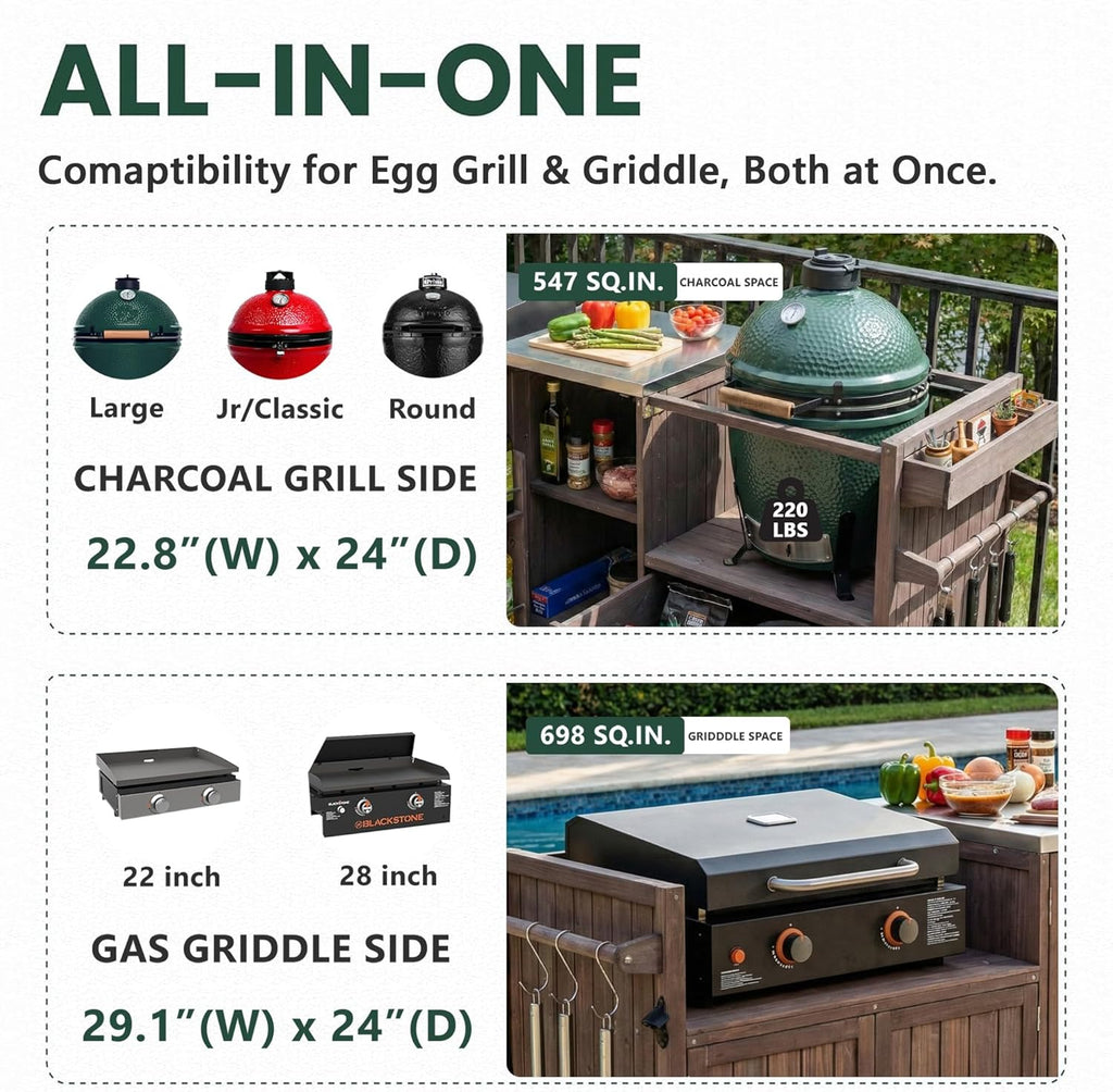 Merax 80.5" Outdoor Kitchen Island for Big Green Egg& Blackstone Griddle,Solid Wood Grill Cart Table with Stainless Steel Top,Drawer for Large Big Green Egg and 21"/28" Blackstone Griddle,Dark Brown