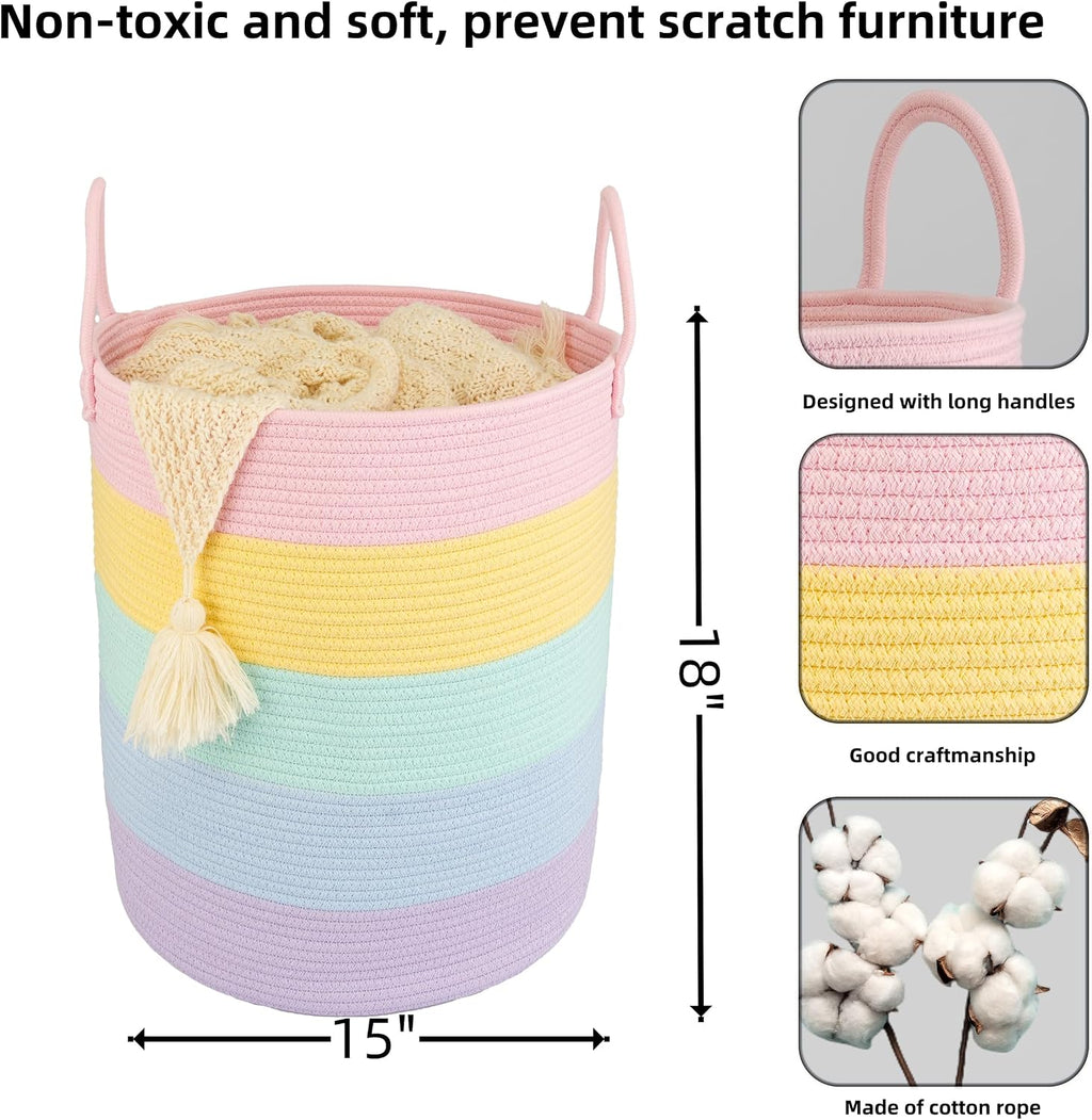 XUANGUO Rope Laundry Basket Hamper for Kids Girl, rainbow | Woven Storage Basket for Living Room Bedroom Boho Tall Baskets for Blanket Toys Pillow Towels Baby Nursery Hamper Bin
