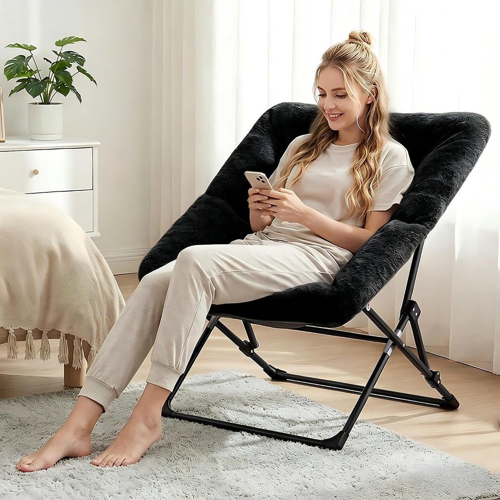 OAKHAM Comfy Chair for Adults, Soft Faux Fur Folding Lounge for Bedroom Living Room Dorm Rooms Flexible Reading Chair for Teens Kids, X-Large Foldable (Faux Fur-Charcoal Black)