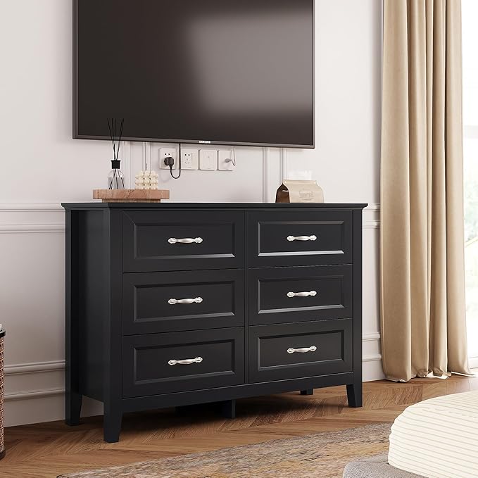 LINSY HOME 6 Drawers Dresser for Bedroom, 47" Wide Wooden Storage Chest with Antique Handles, Modern Farmhouse Dresser TV Stand with Wood Legs for Closet, Living Room, Hallway, Black