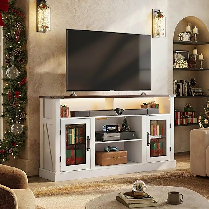 WLIVE Farmhouse TV Stand for 65 Inch TV, Tall Entertainment Center with LED Lights & Storage Cabinets, TV Media Console Table with Adjustable Shelf for Living Room, Bedroom, Home Theater, Milk White