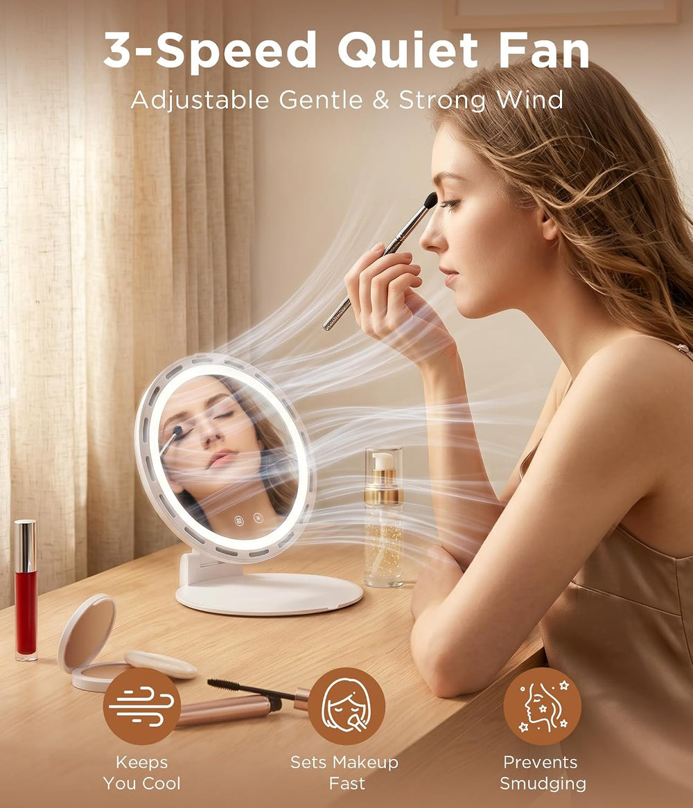 Travel Makeup Mirror with Fan, Rechargeable, 3 Color Dimmable Lighting