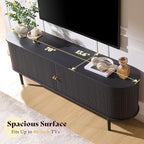 AMERLIFE 70" Mid-Century Modern TV Stand, TV Console Table for TVs up to 80 Inch, Fluted Wood Media Console with Storage, Solid Wood Legs, Embossed Black