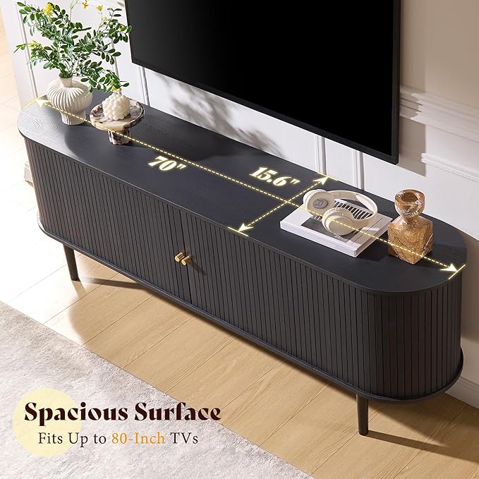AMERLIFE 70" Mid-Century Modern TV Stand, TV Console Table for TVs up to 80 Inch, Fluted Wood Media Console with Storage, Solid Wood Legs, Embossed Black