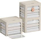 CYhom 3Pack Clothes Storage Bins - Oxford Frame Storage Box Foldable Stackable Storage Organizer with 3 Openings Design, Metal Frame, Clear Window, Carry Handles (36L-15.7 * 11.8 * 11.8in, Beige)