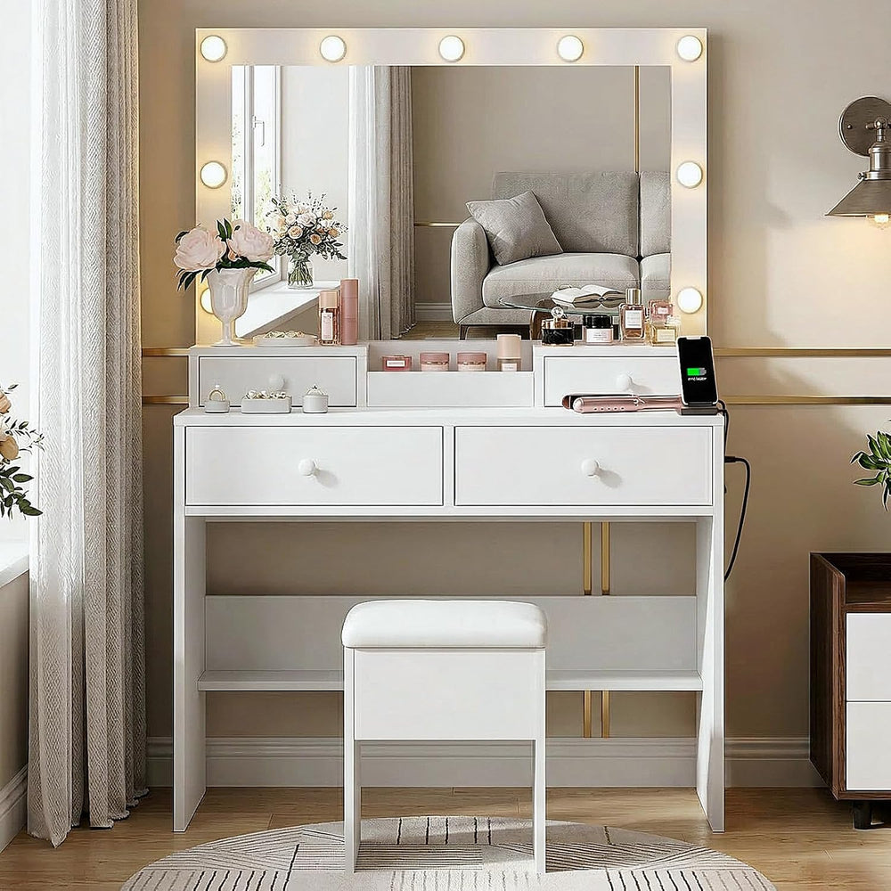 Haewon Vanity Desk Set with LED Mirror, Storage Chair, White Makeup Table | B...