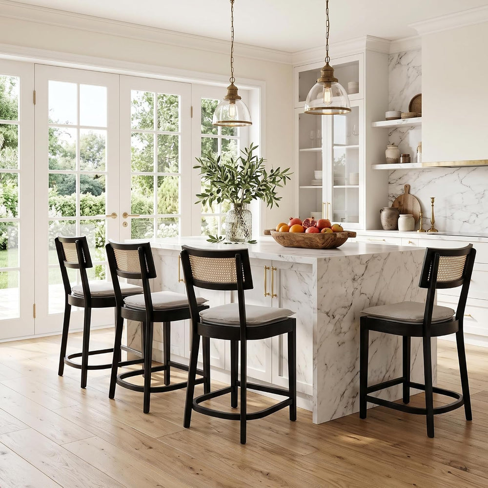 Rattan Counter Height Bar Stools Set of 2, 26" Wooden Bar Stools