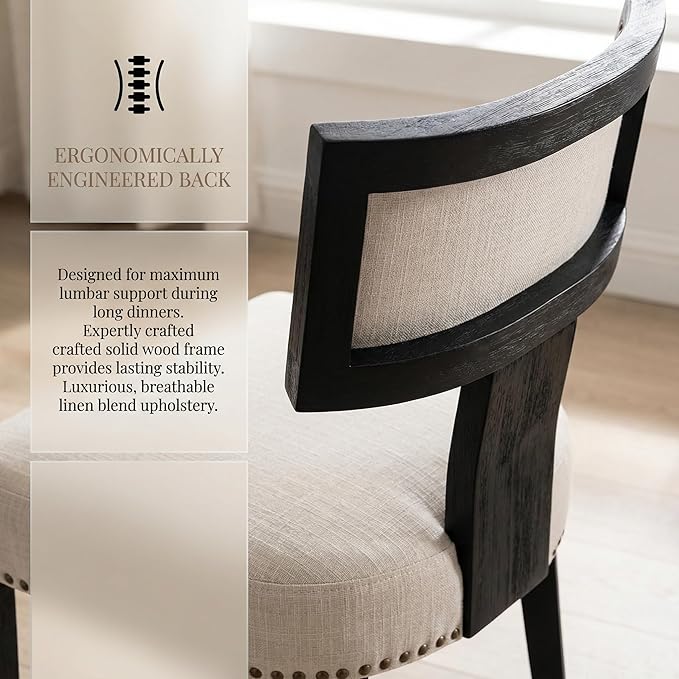 HNY Mid Century Modern Dining Chairs Set of 4, Farmhouse Linen Fabric Upholstered Accent Chairs Curved Nailhead Trim Backrest Kitchen Chairs, with Black Hardwood Frame, Beige