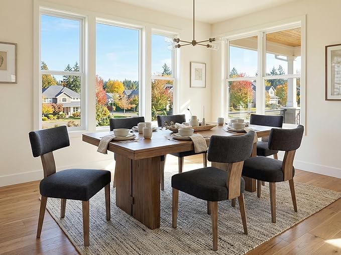 Linen Dining Chairs Set of 2, Modern Dining Chair with Curved Backrest and Wood Legs Upholstered Dining Chairs Farmhouse Dining Room Chairs Kitchen Chairs, Charcoal